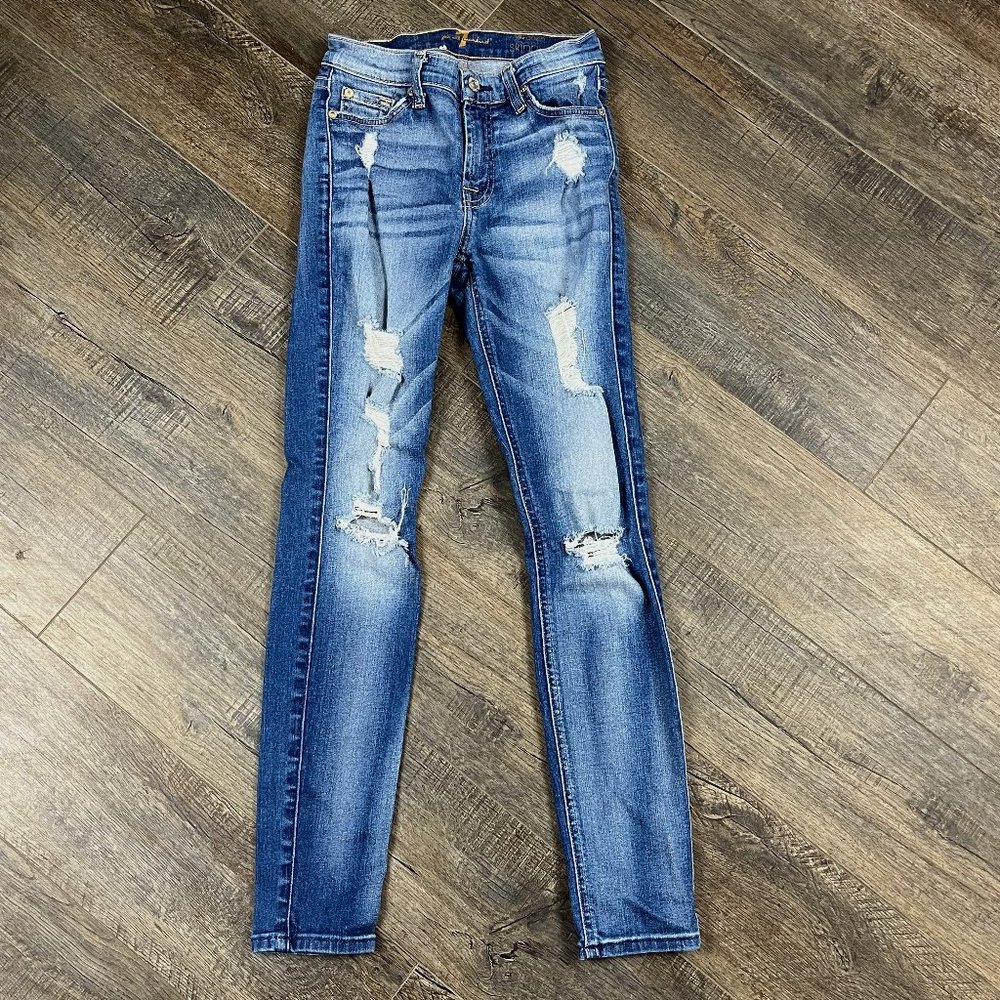 7 For All Mankind Distressed Skinny Blue Jeans Pants Denim ((size 24))
